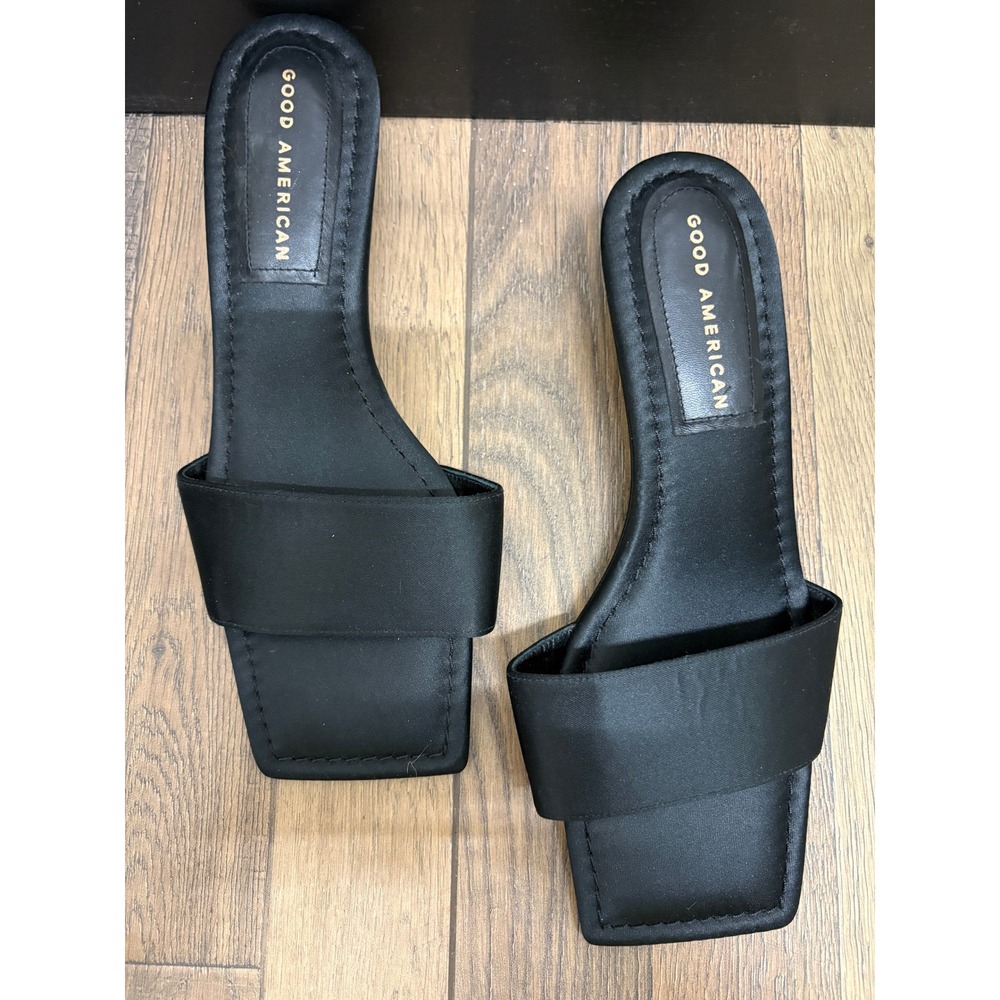Good American Black Satin Crystal Kitten Heel Slide Sandals‎ Square Toe Mules 8